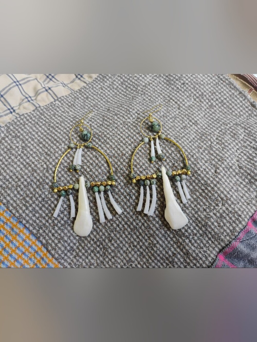 XXL Buffalo Tooth, Tusk Shell, And African Turquoise Chandelier Earrings - Picture 4 of 6
